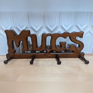 Vintage Wooden 'MUGS' Wall Rack - Dark Brown
